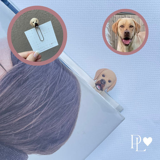 Handmade custom pet face page keeper showing a yellow labrador's face.