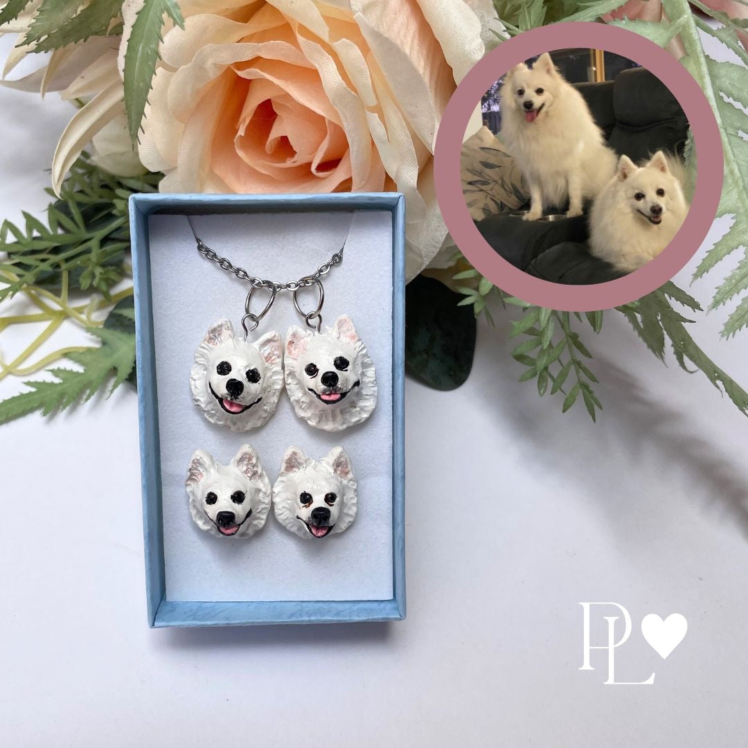 Handmade custom Spitz dog necklace and earrings set, in blue gift box.