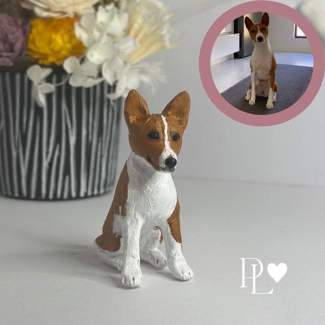 Example of a basenji dog mini cake topper figurine, handmade in Australia to look like a specific pet.