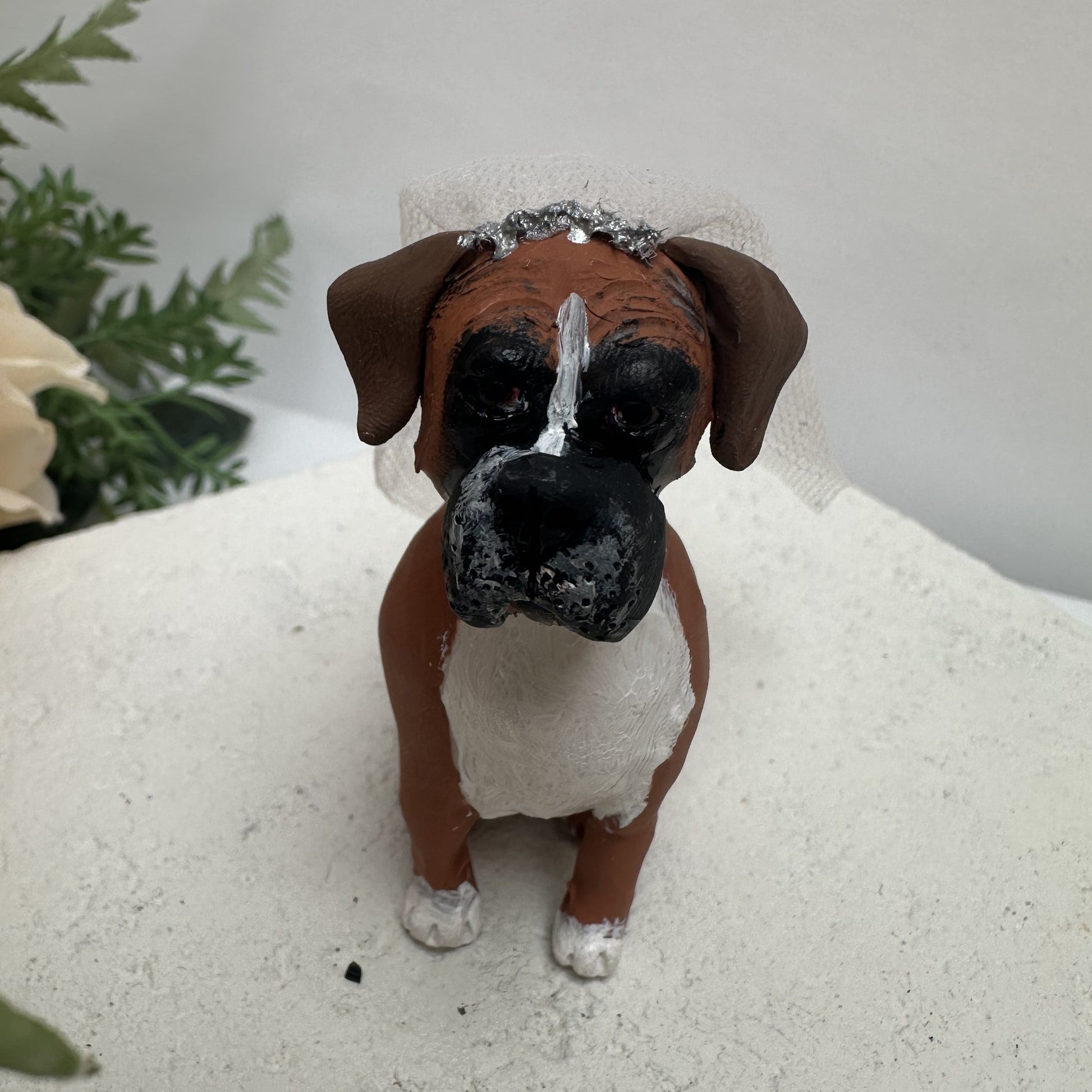 Handmade boxer dog custom wedding cake topper wearing a veil.