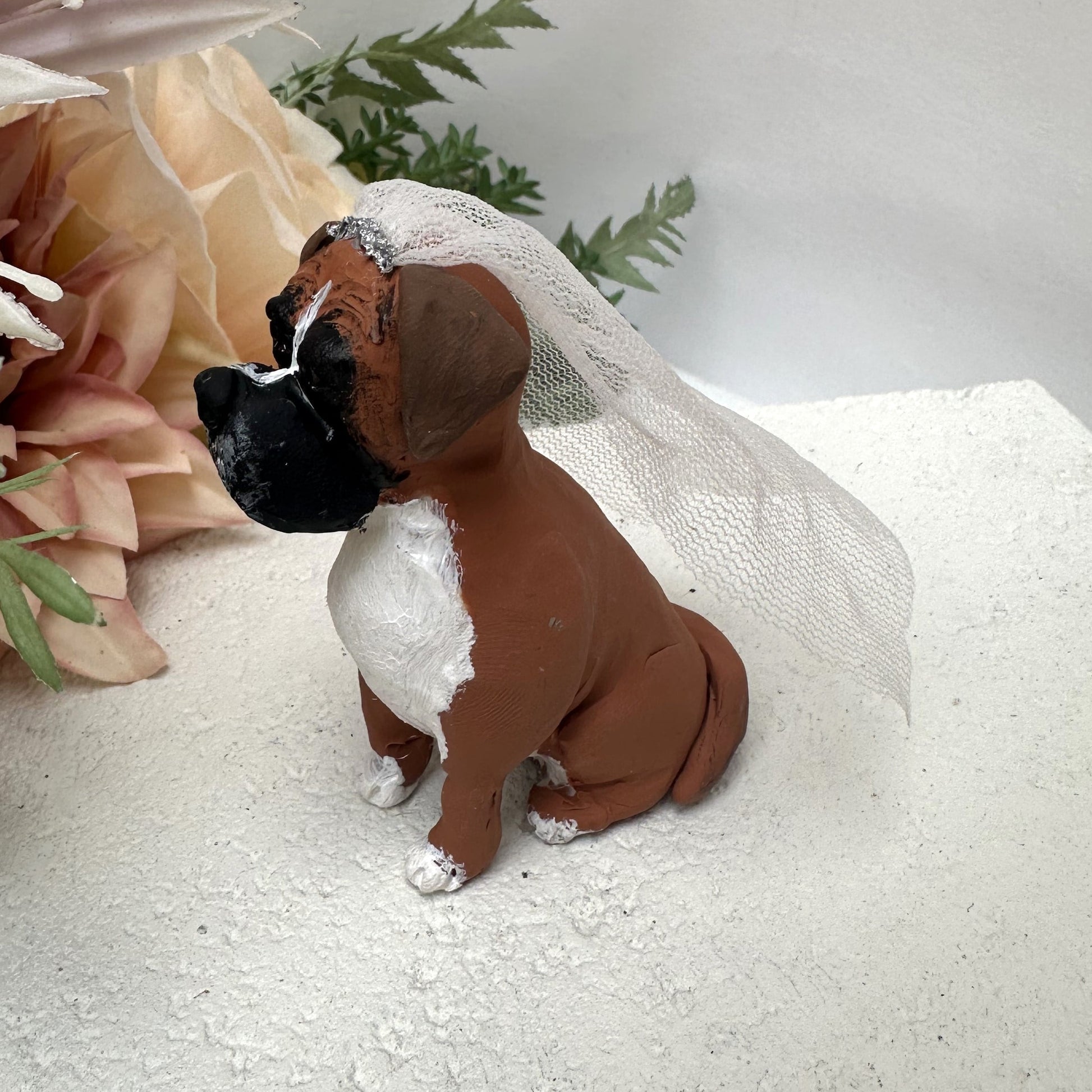 Handmade boxer dog custom wedding cake topper wearing a veil.