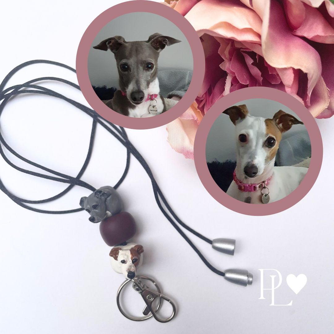 Handmade custom pet face lanyard showing 2 dog faces.