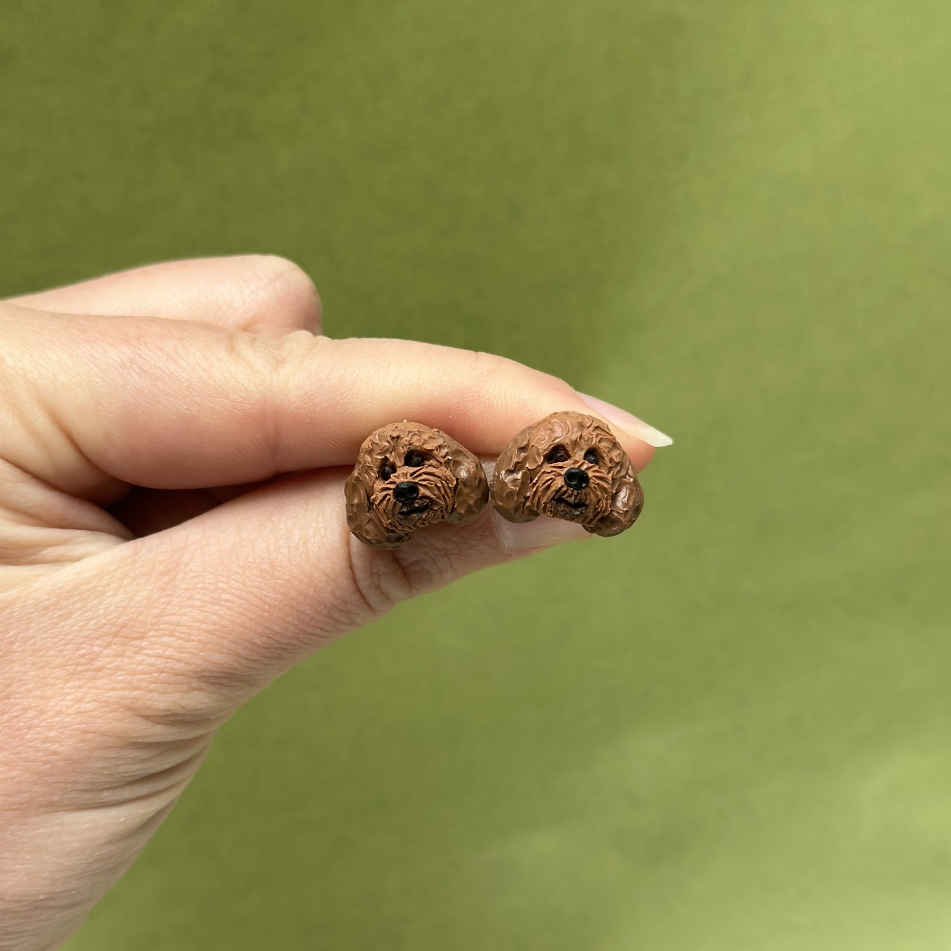 Handmade cavoodle stud earrings by Pawfect Love, positioned in front of green background