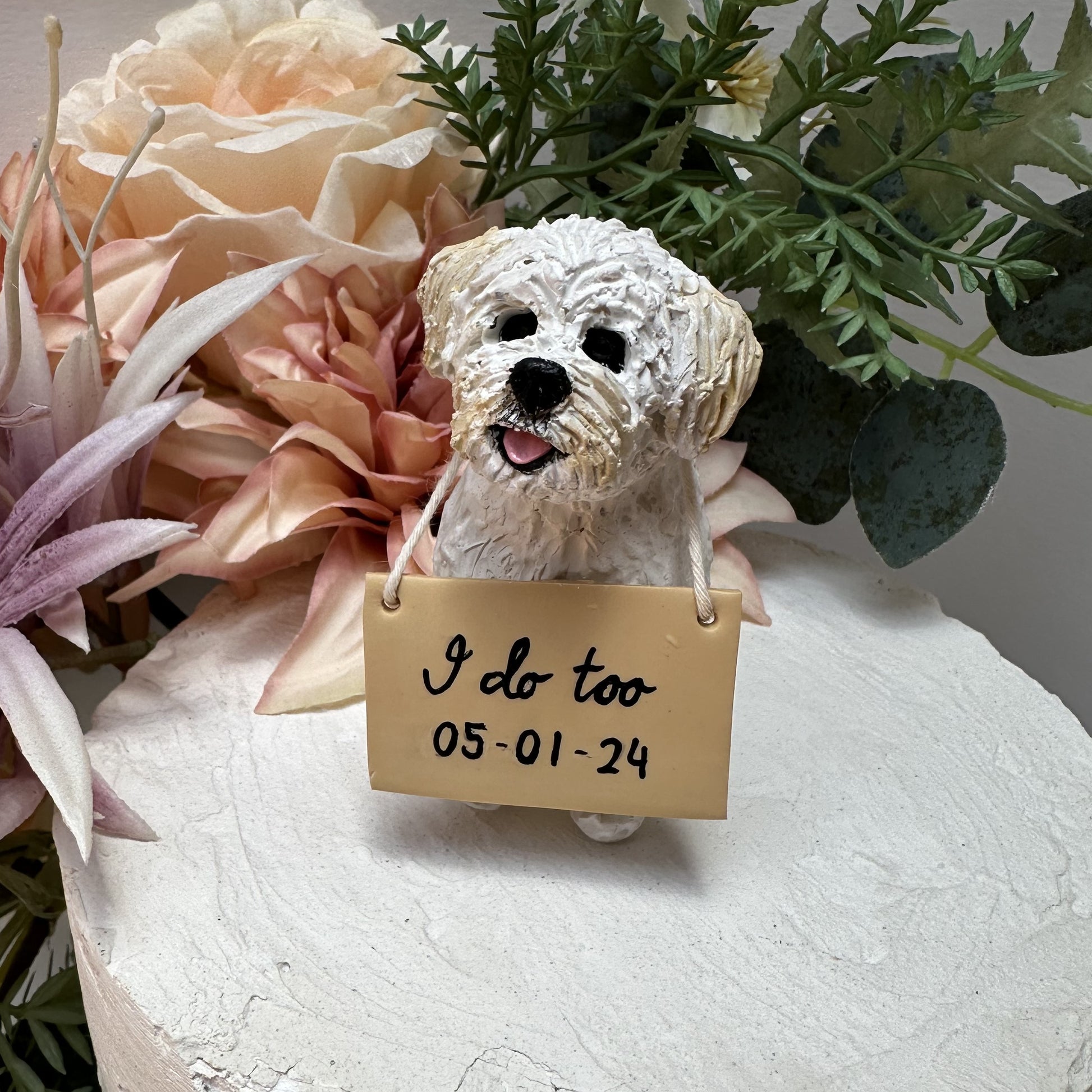 Handmade custom Maltese Shi Tzu wedding cake topper.