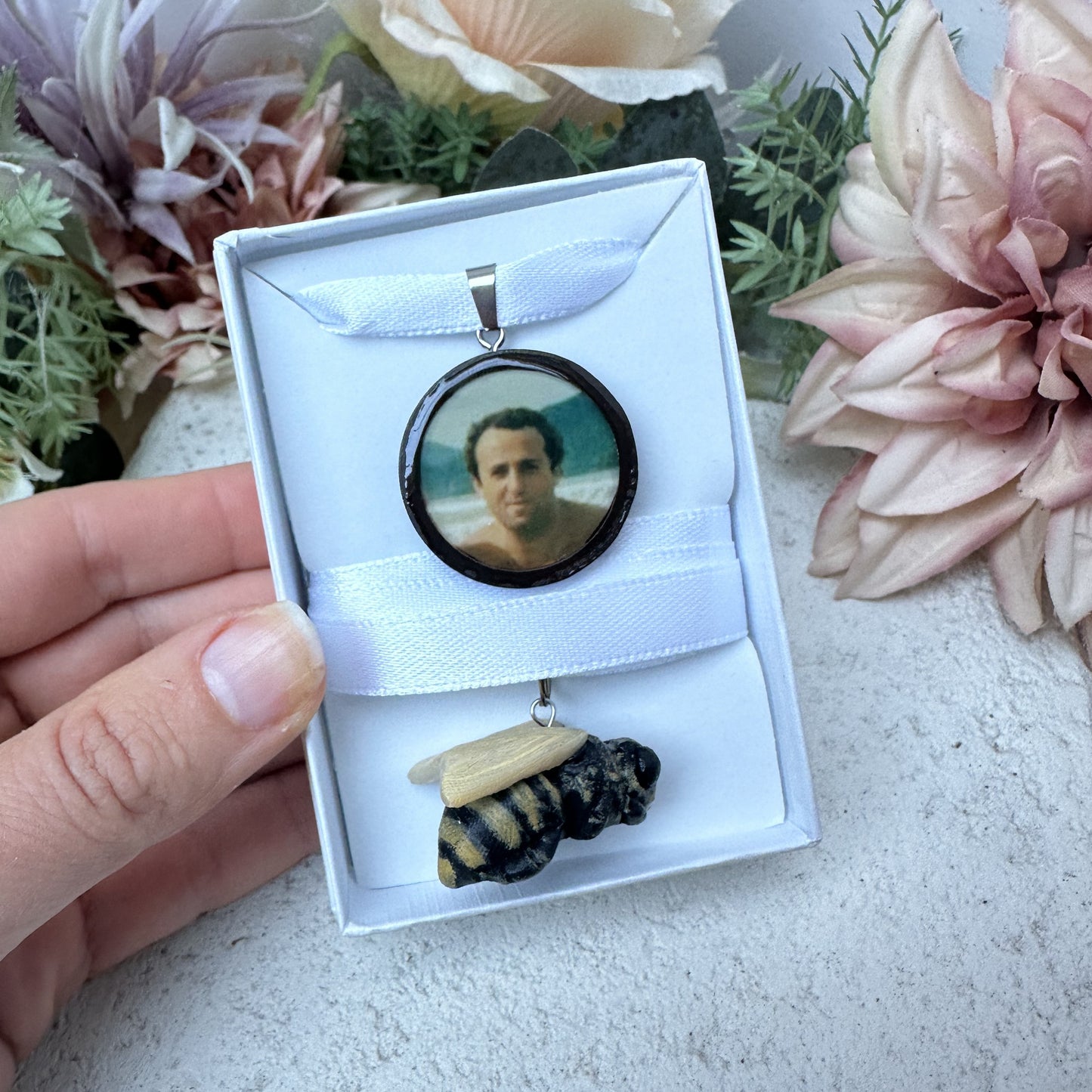 Memorial photo charm of father for bridal bouquet, pictured in gift box above 3D bee charm.