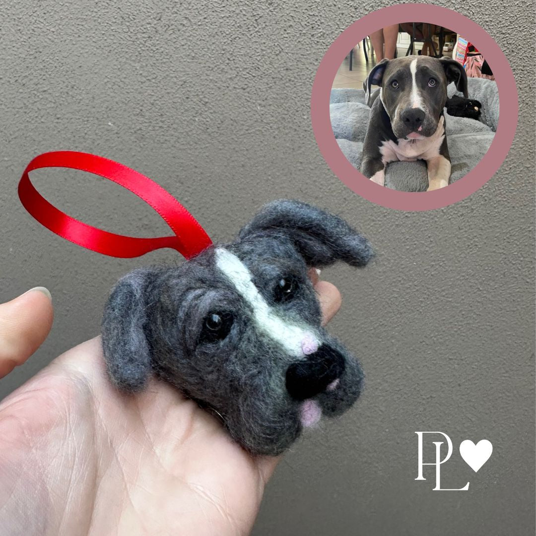Custom needle-felted Christmas tree ornament of a Amstaff dog face