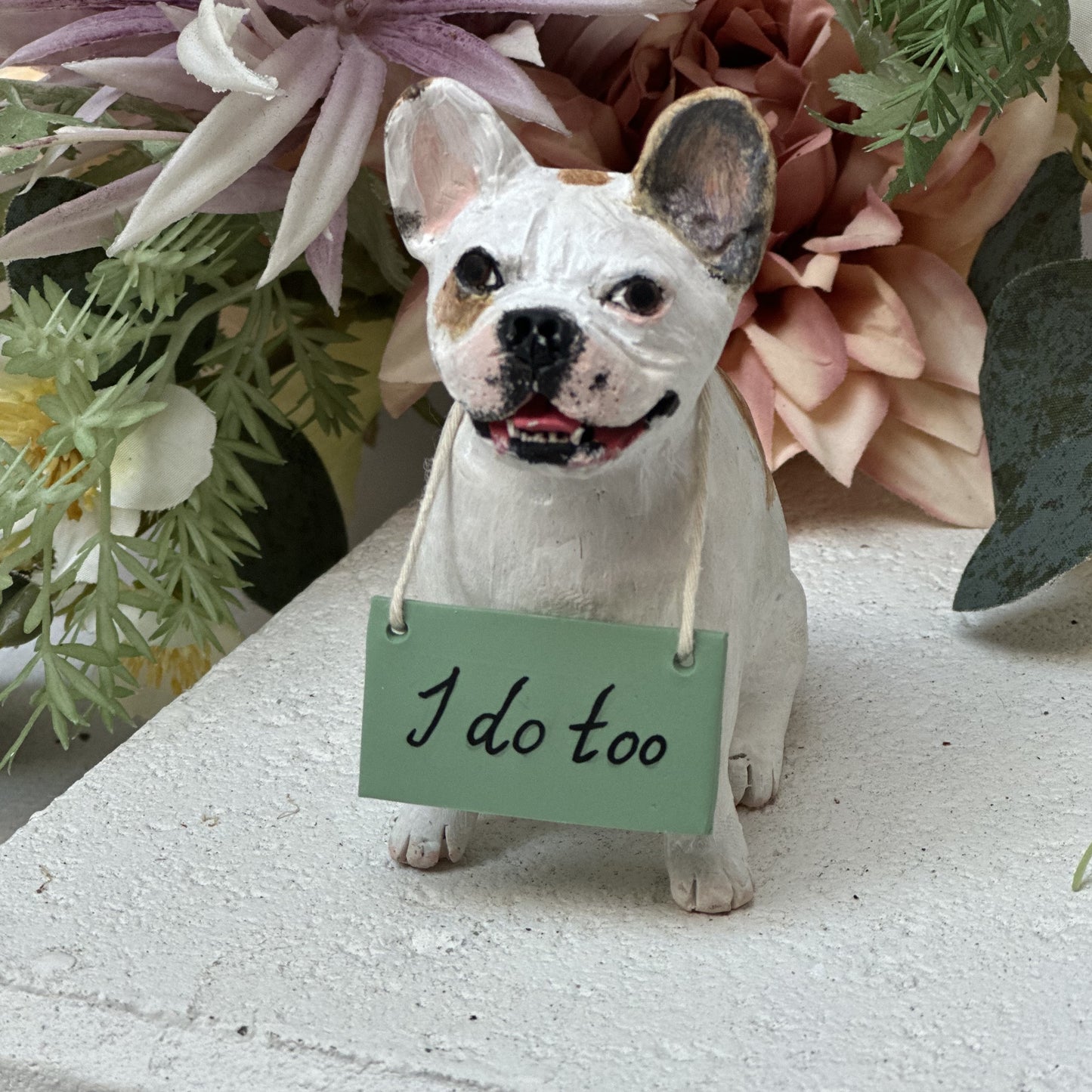 White French bulldog handmade custom pet wedding cake topper.