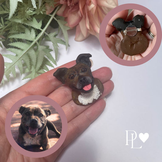Handmade custom pet face brooch showing a brindle staffy's face.