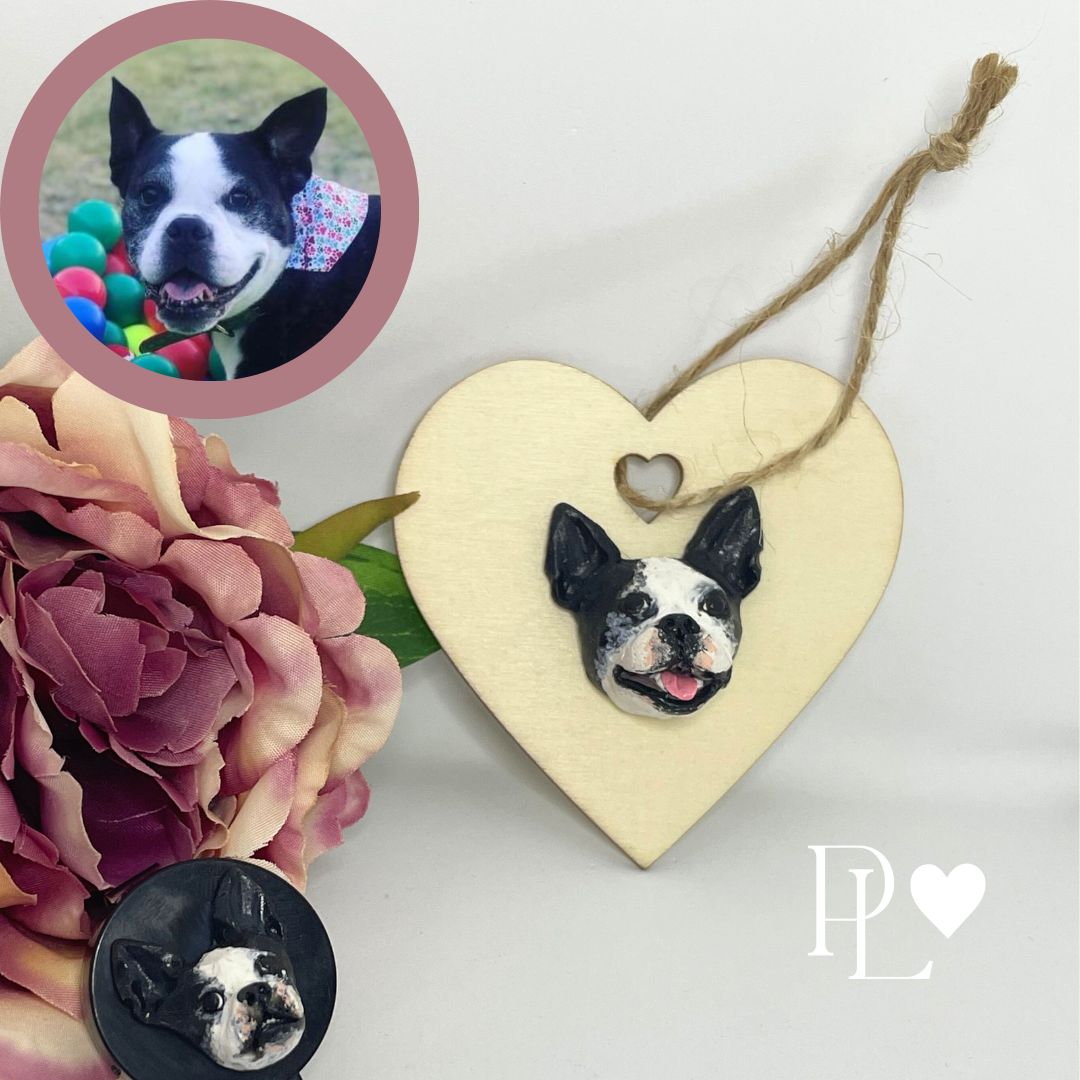 Heart shaped timber Christmas ornament with polymer clay handmade dog face.