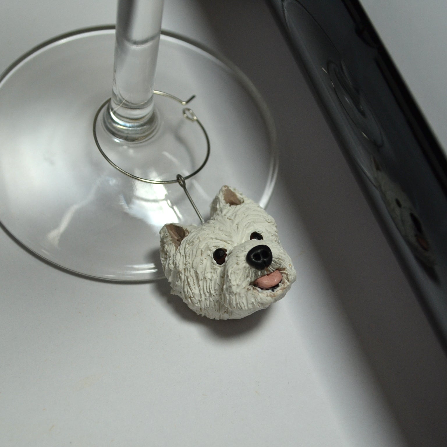 Handmade Westie dog wine glass charm.