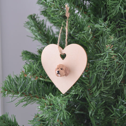 Heart shaped timber Christmas ornament with polymer clay handmade dog face