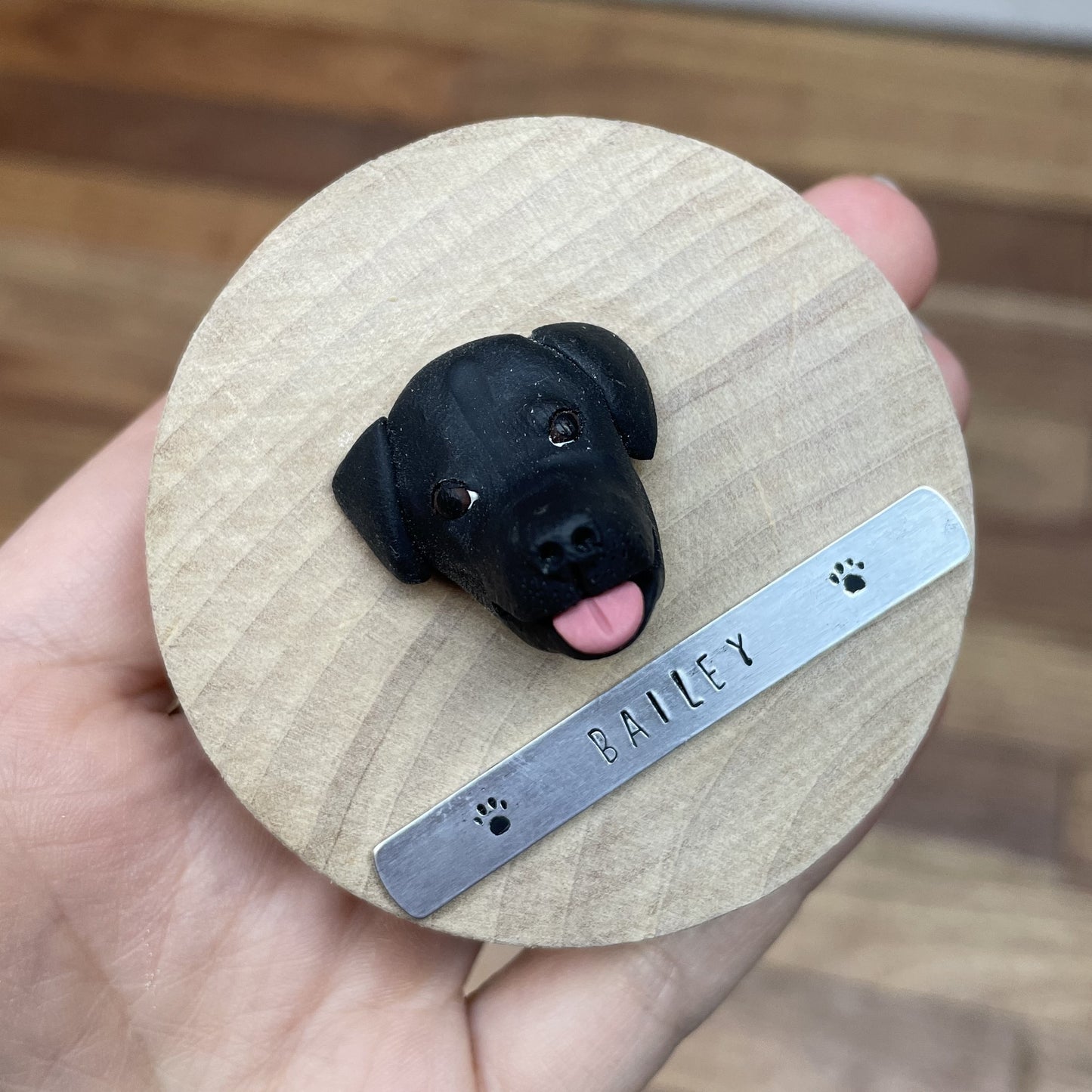 Handmade custom timber magnetic bottle opener with 3D dog face and name.