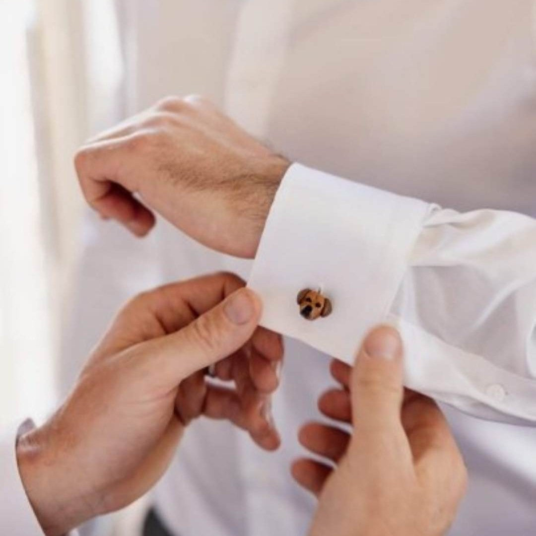     Custom dog cufflinks on groom wearing shirt only