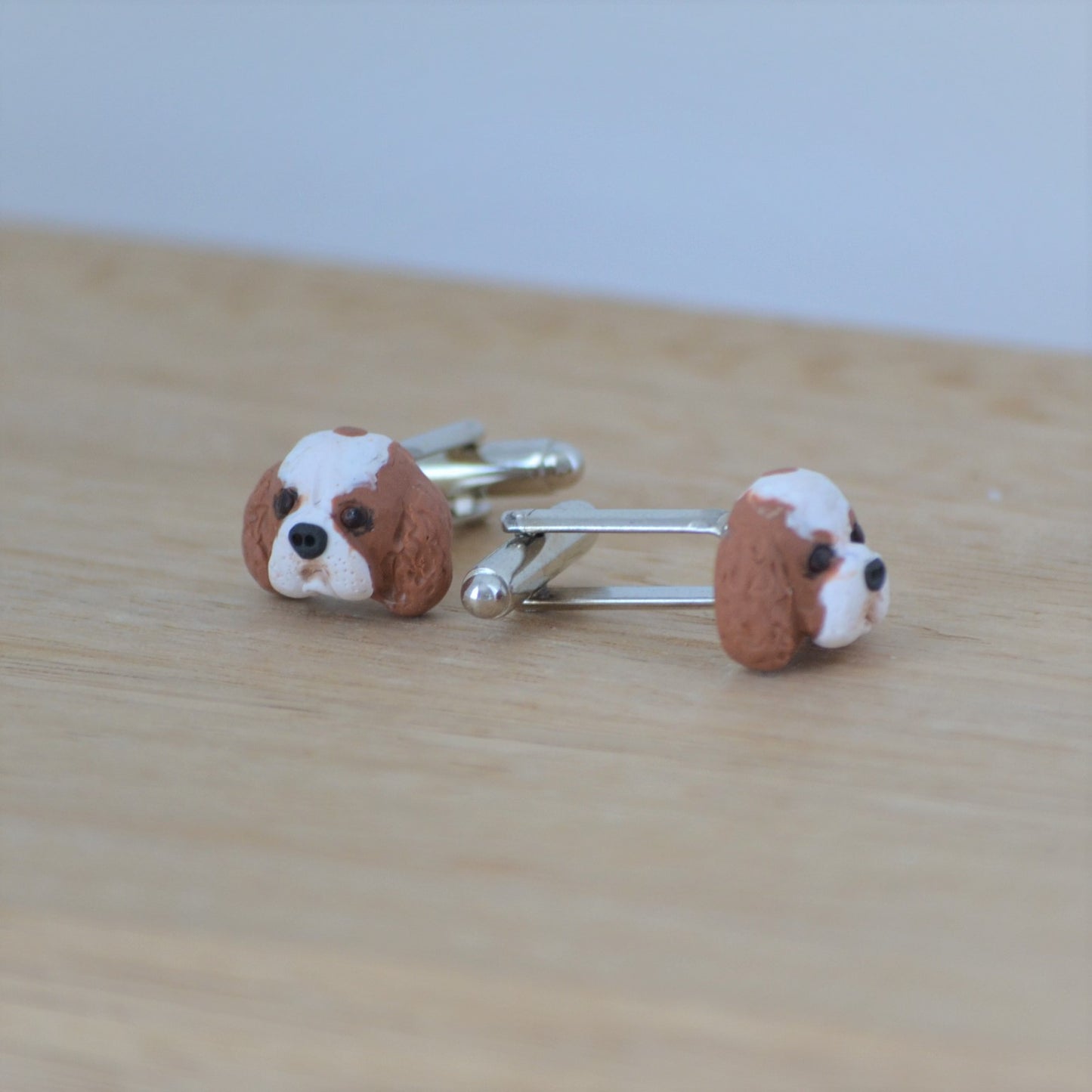 custom dog cufflinks shown at side angle