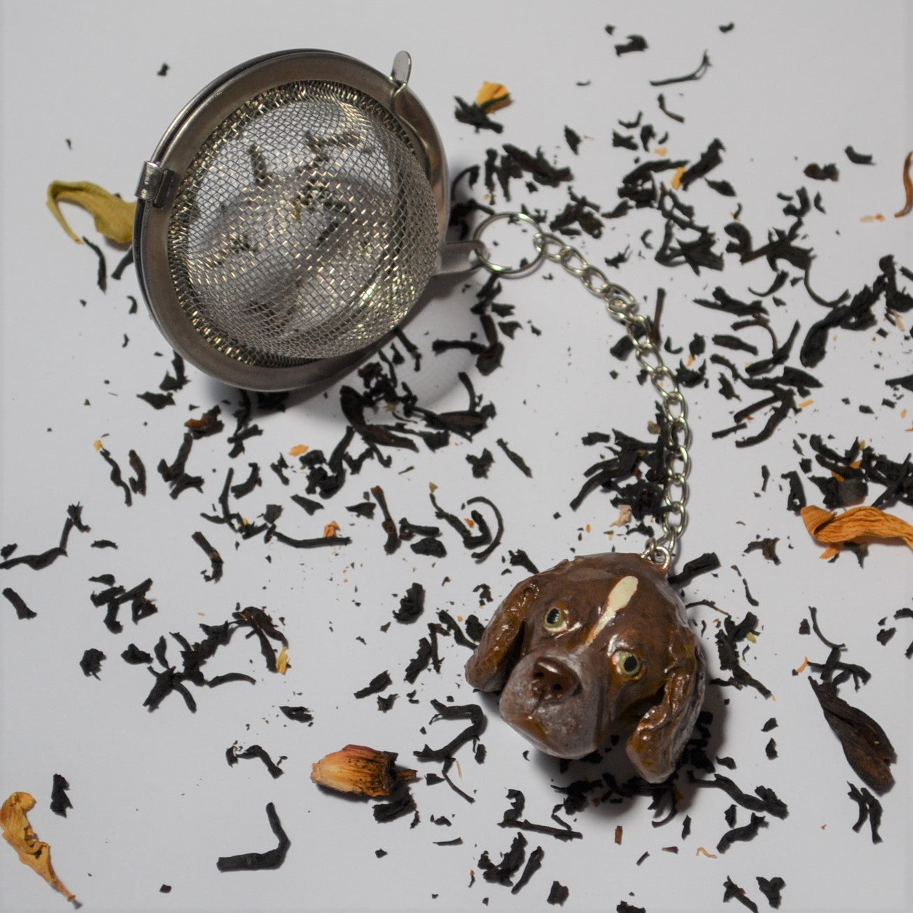 Custom dog handmade mesh ball tea strainer over loose leaf tea