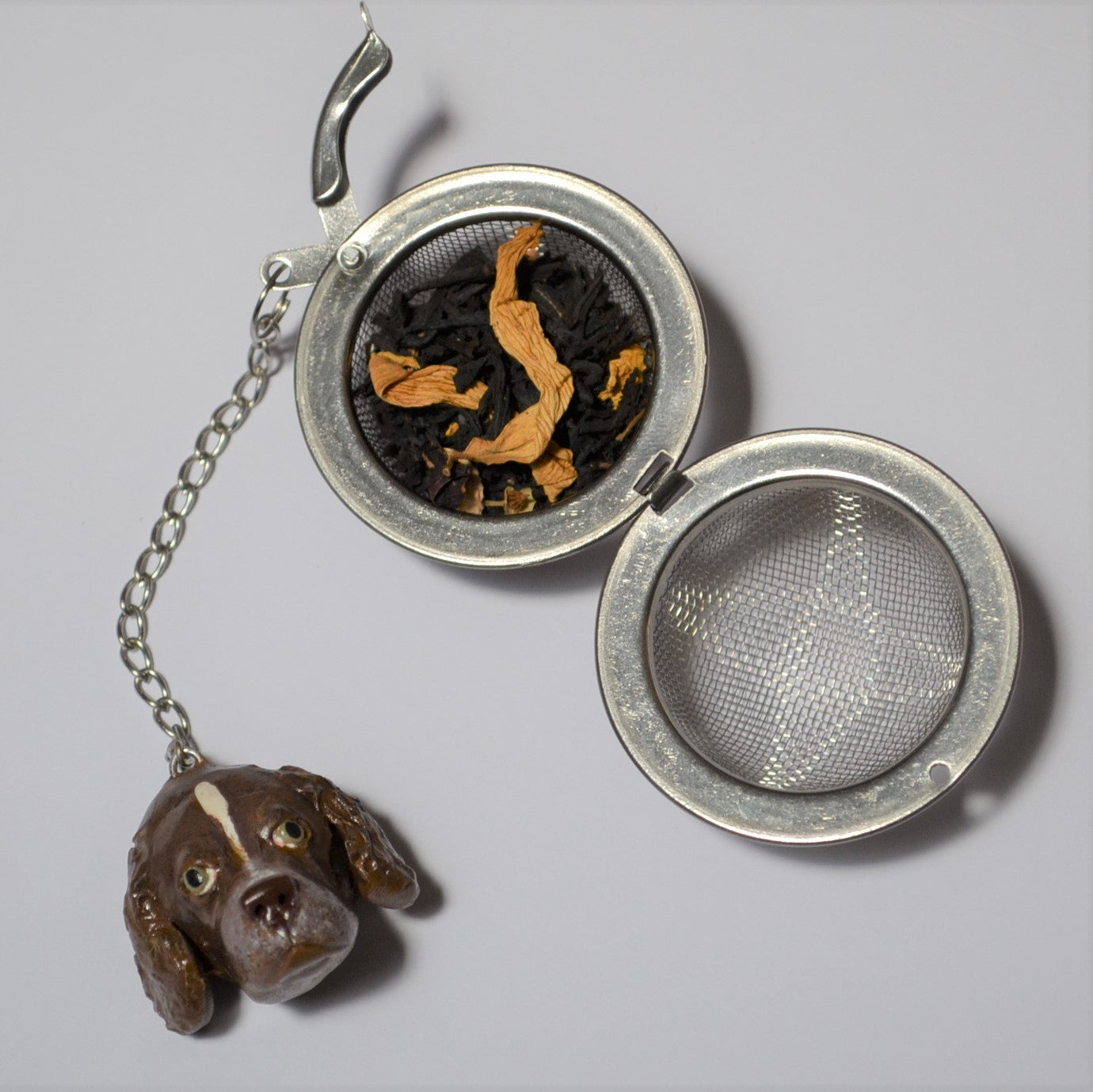 Custom dog handmade mesh ball tea strainer open