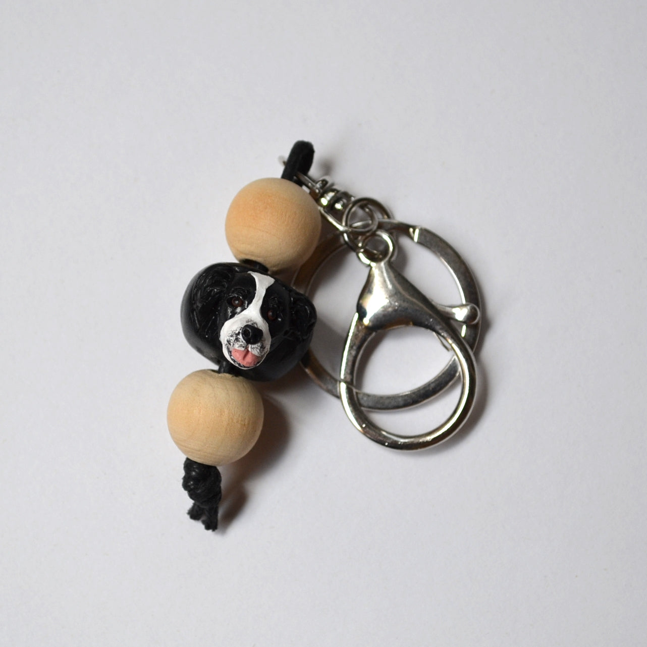 Handmade timber and polymer clay border collie dog keychain