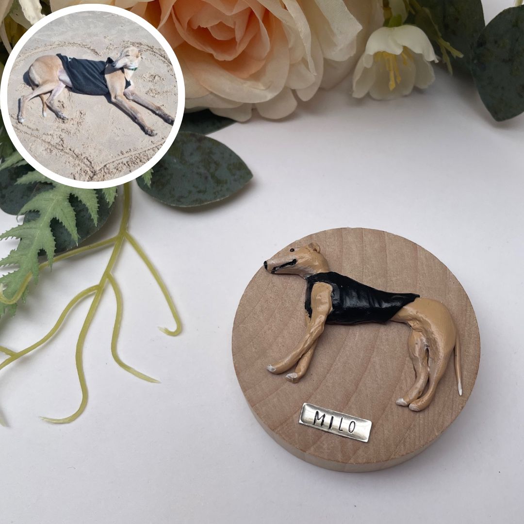 Handmade custom timber magnetic bottle opener with 3D dog body and name plaque.