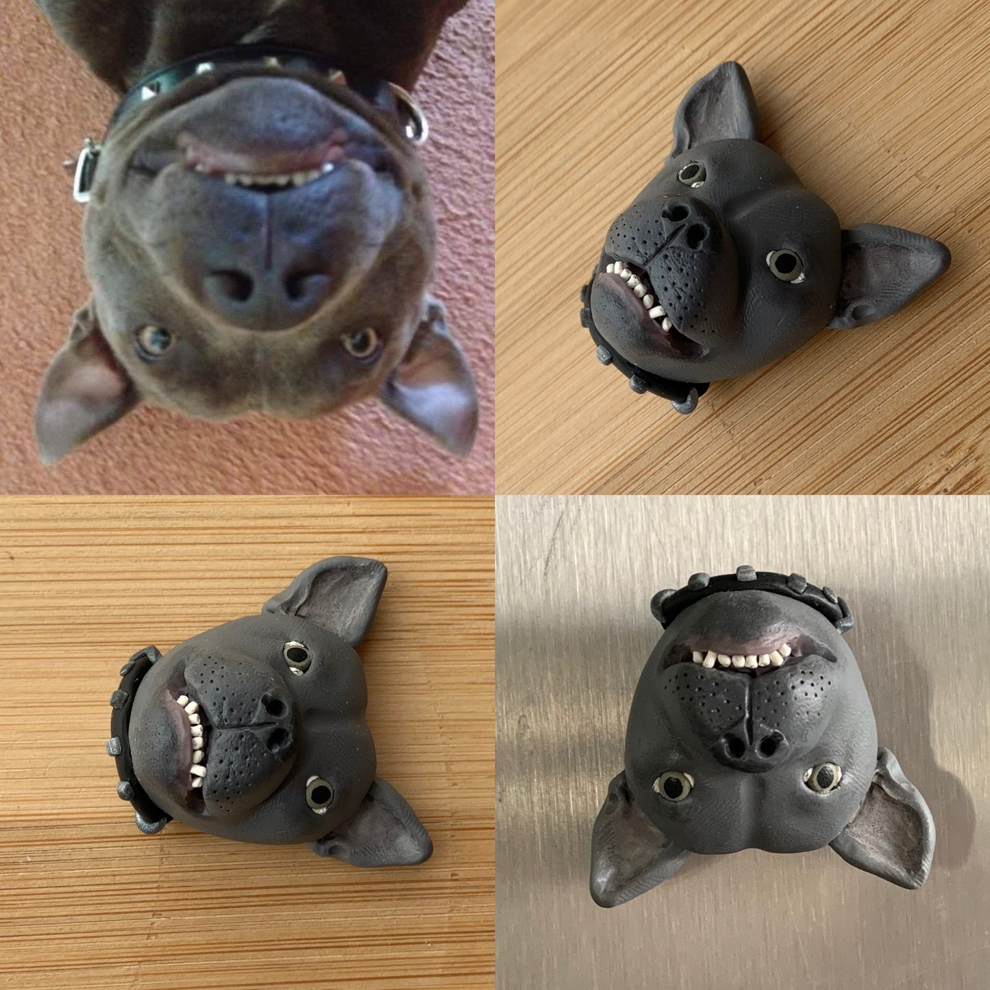 Handmade custom pet fridge magnet of a blue staffy, made from polymer clay.