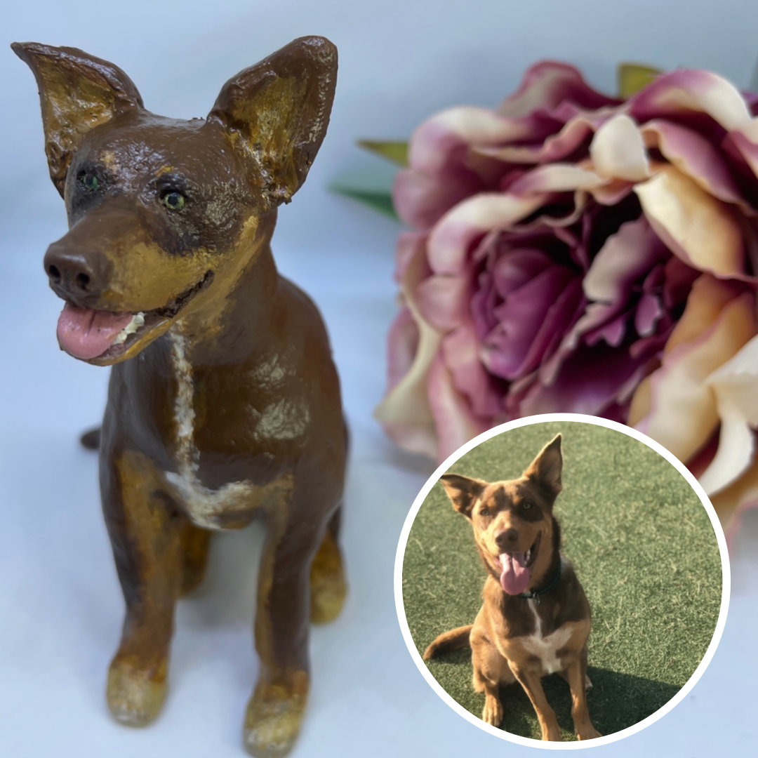 Handmade red kelpie polymer clay figurine.