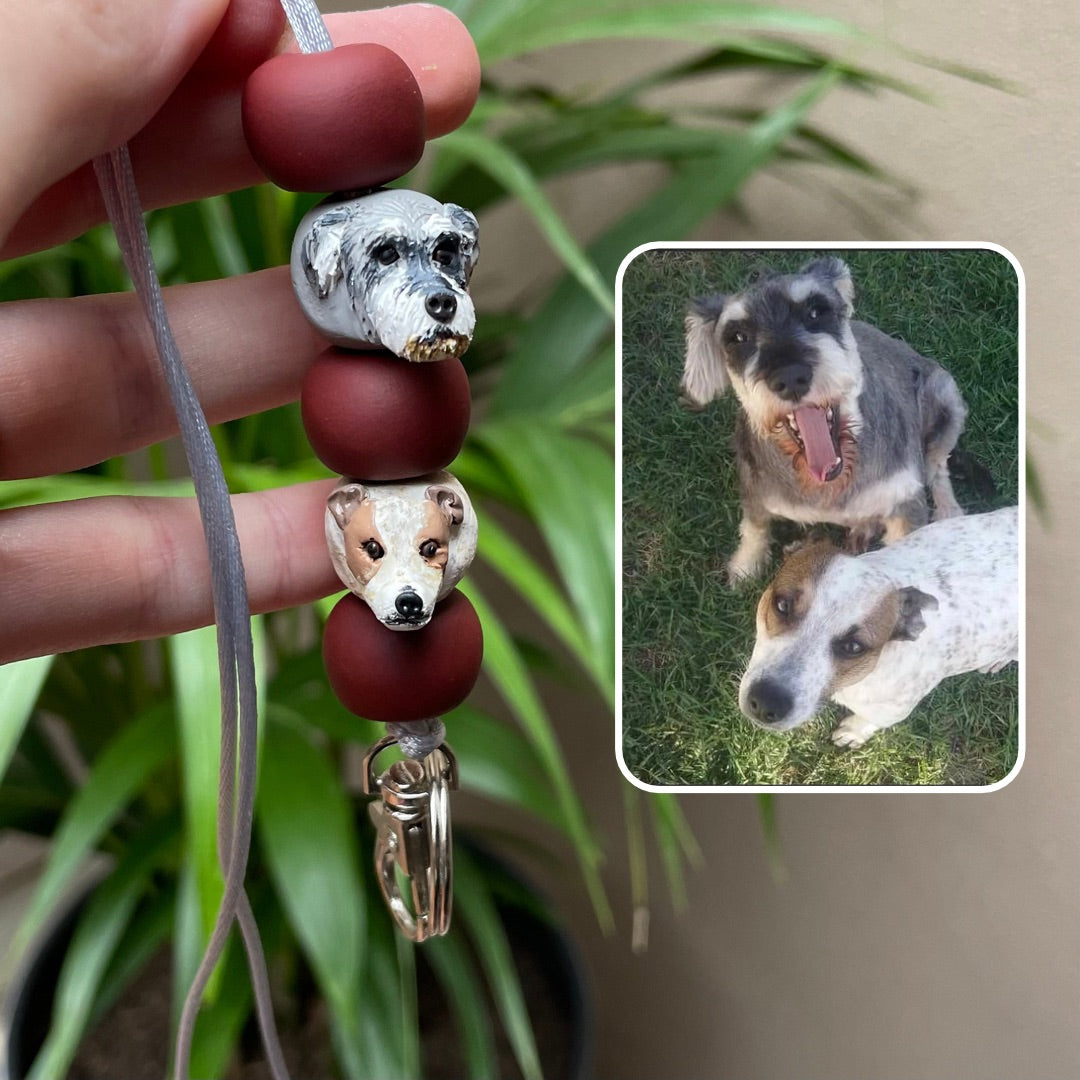 Handmade custom pet face lanyard showing 2 dog faces.