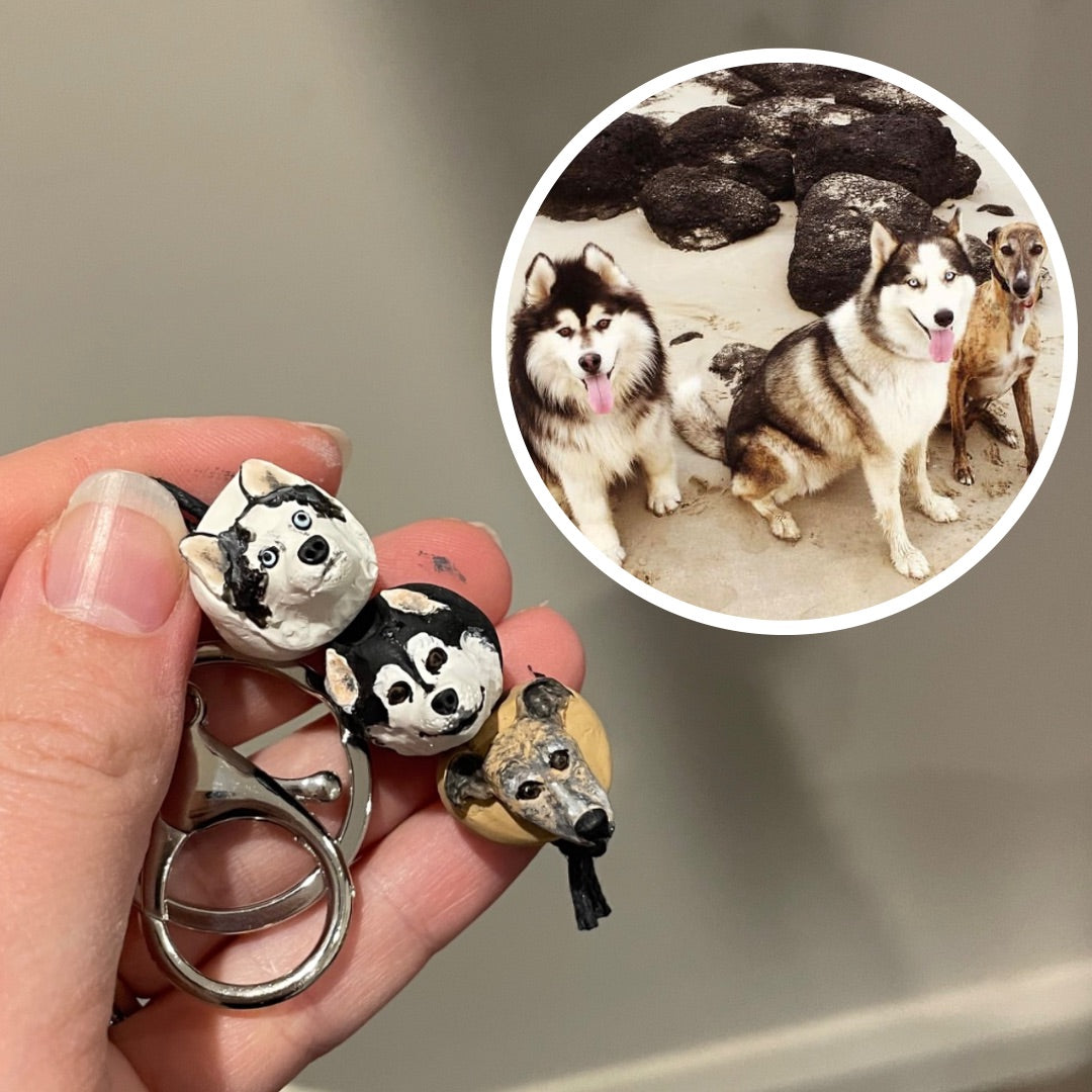 Handmade custom pet keyring with 3 individual dog face beads.