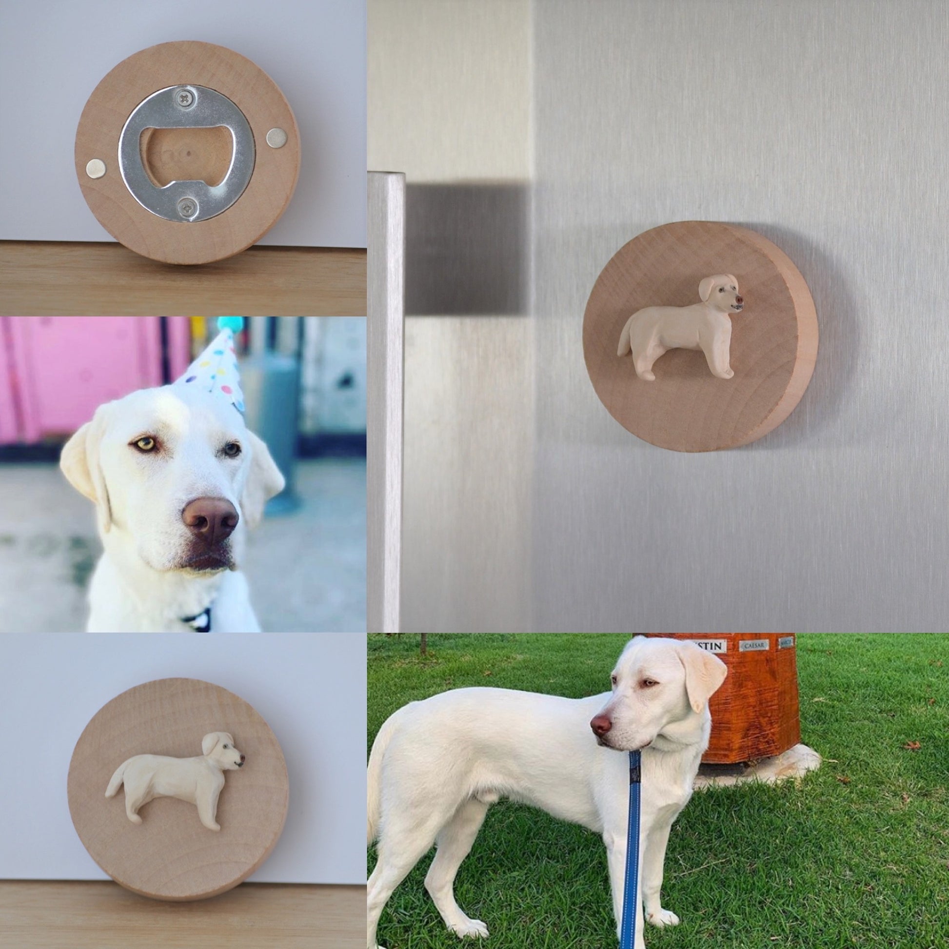Handmade custom timber magnetic bottle opener with 3D dog body.