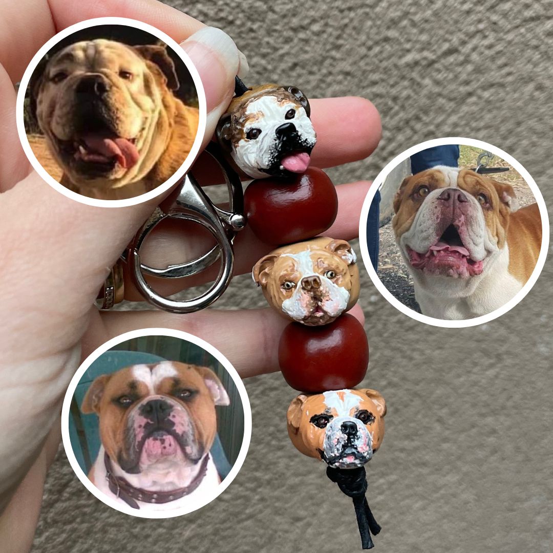 Handmade custom pet keyring with 3 individual dog face beads.