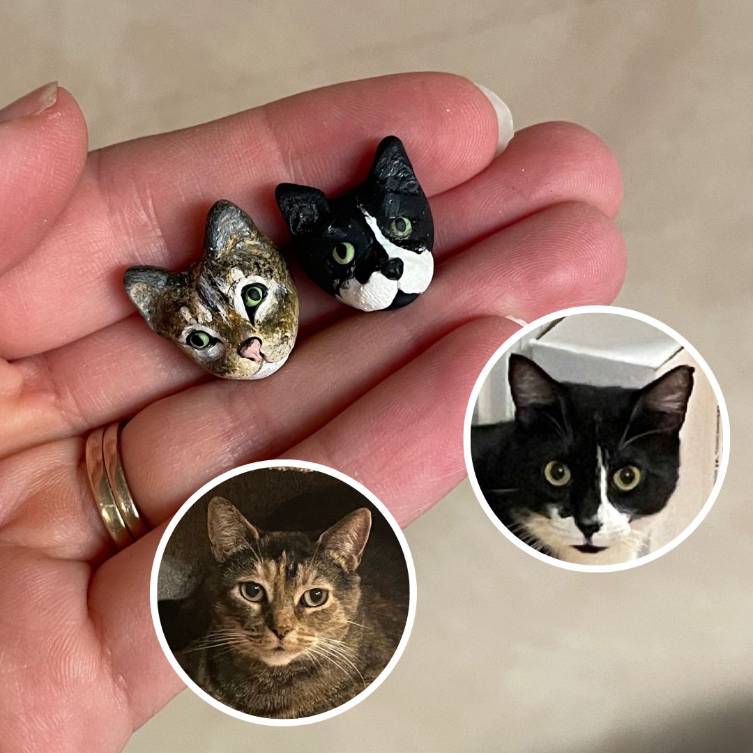 Handmade custom pet earrings of 2 different cat faces.