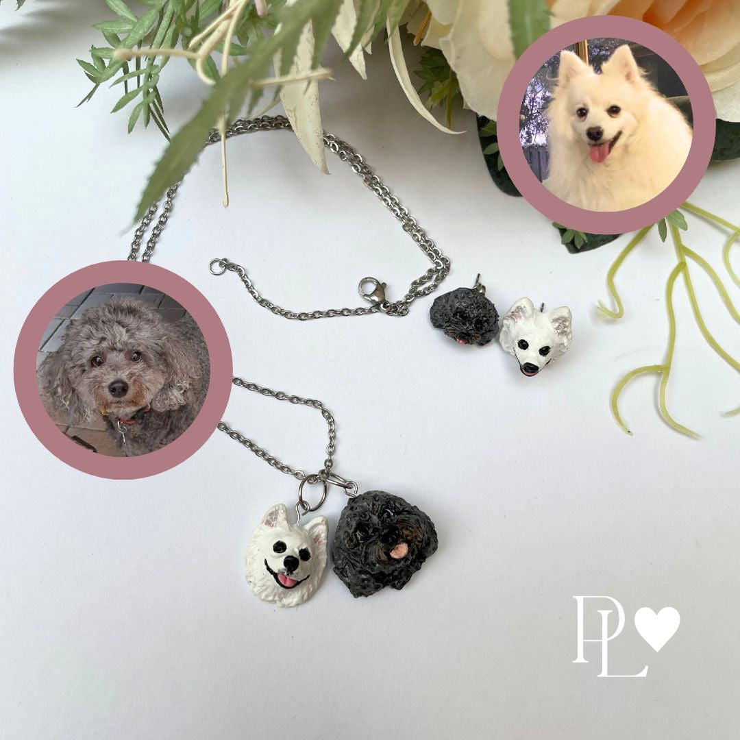 Handmade custom Spitz dog and cavoodle necklace and earrings set.