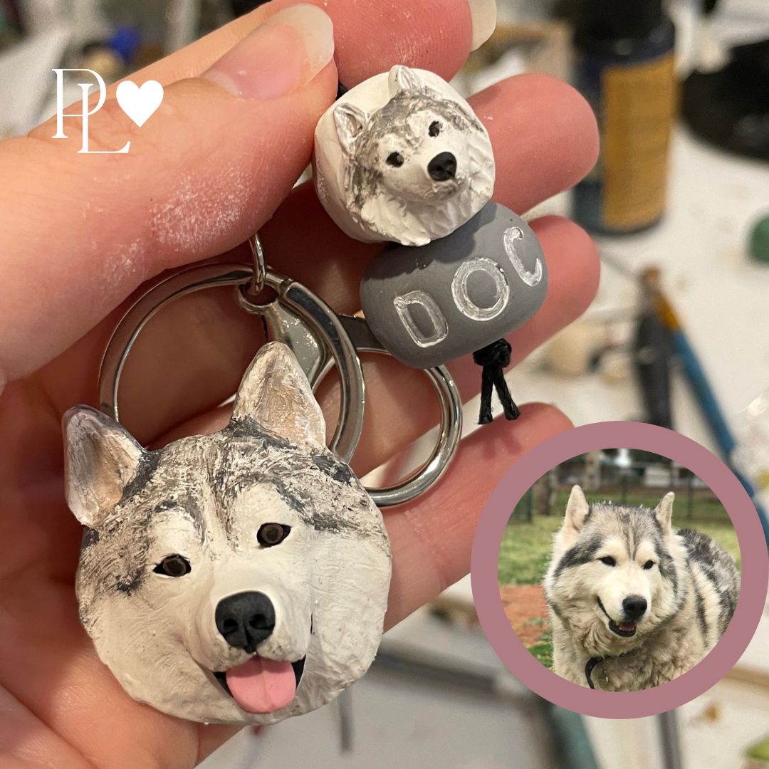 Handmade polymer clay pet memorial fridge magnet and keyring, made to look like an elderly husky dog.