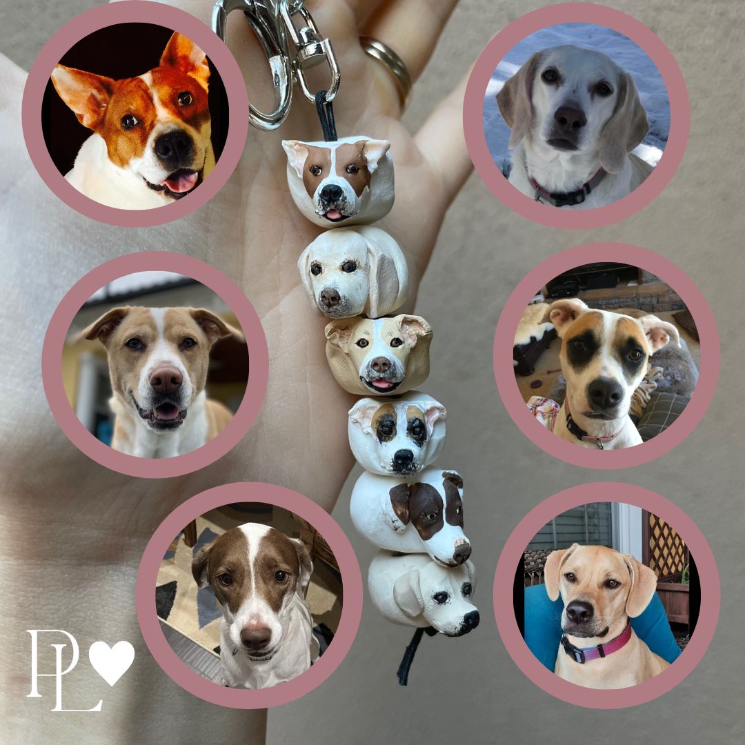 Handmade custom pet keyring with 6 individual dog face beads.