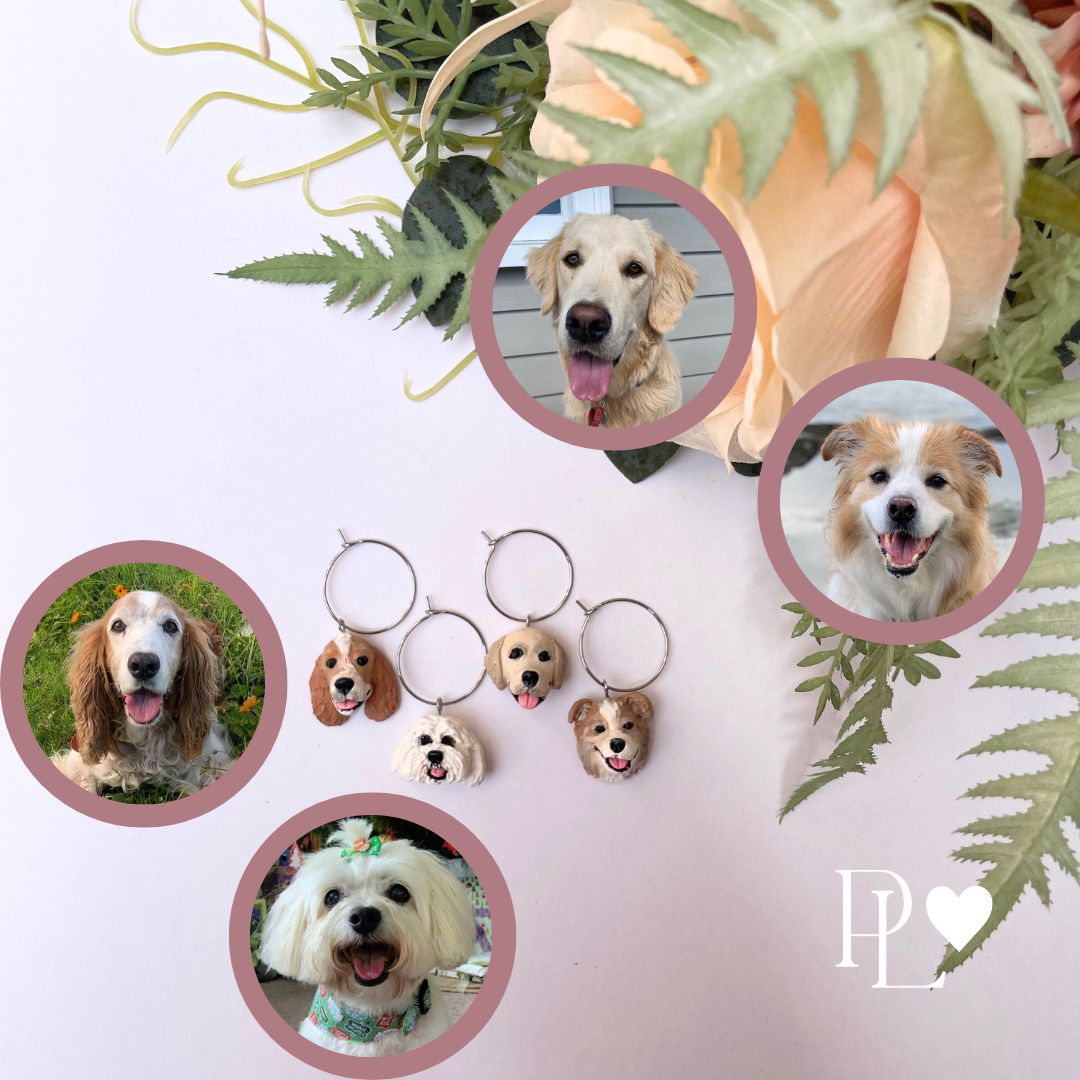 4 handmade wine glass charms of dogs also showing the faces of the dogs they are modelled on.