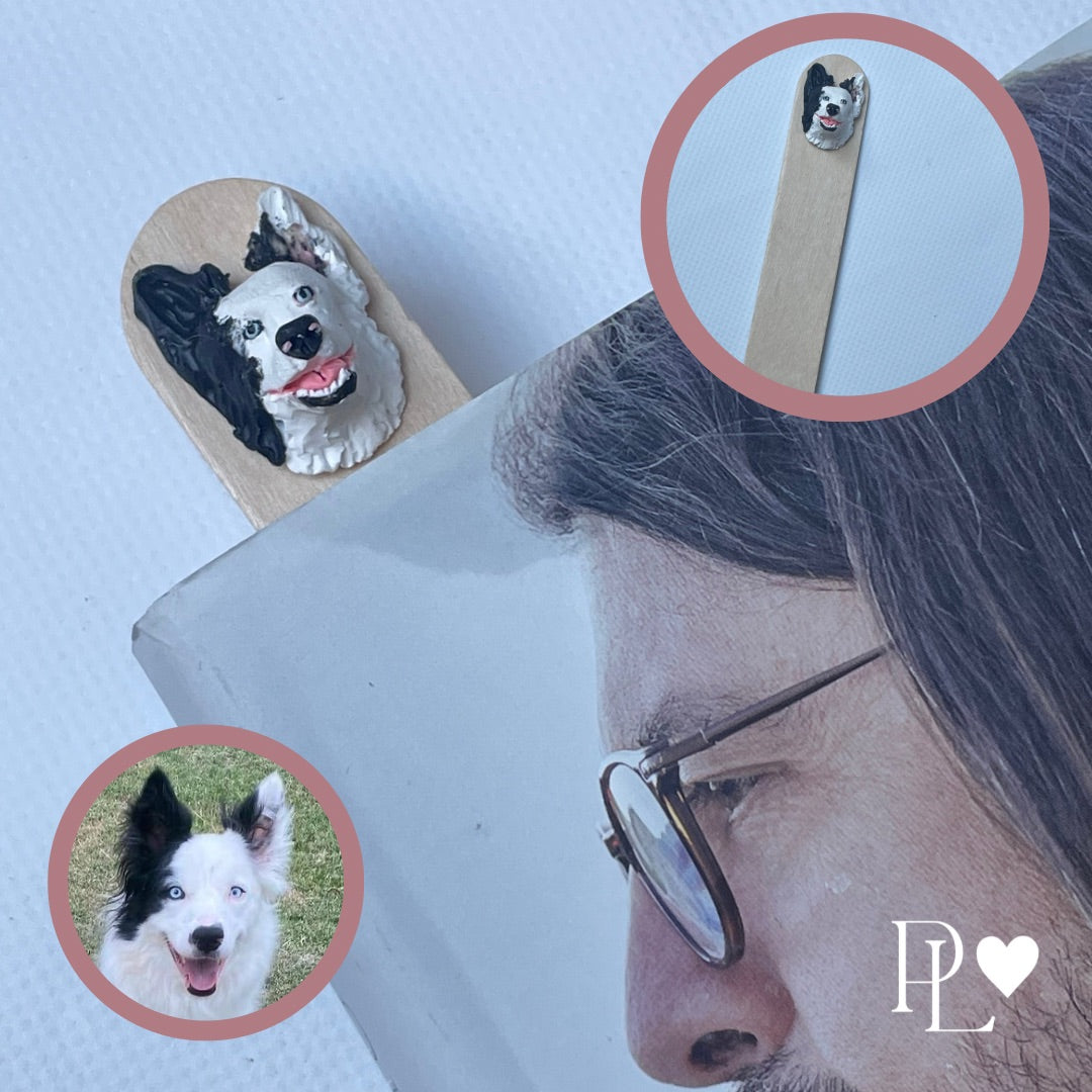 Handmade custom pet face bookmark showing a border collie's face.