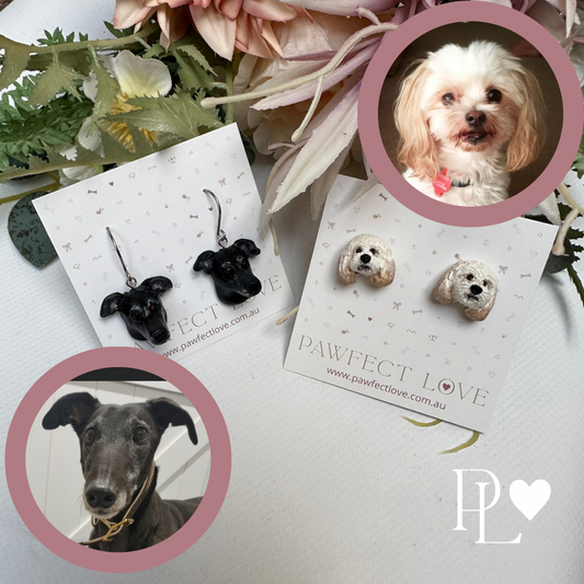 Handmade polymer clay dangle custom pet earrings of a greyhound, beside stud earrings of a shi tzu..