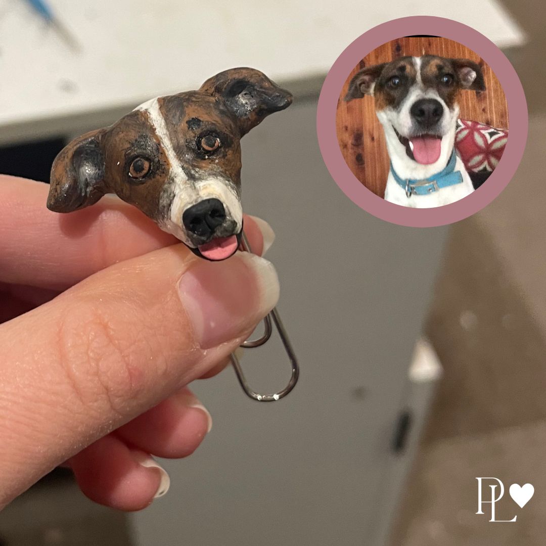 Handmade custom pet face page keeper showing a Jack Russell's face.