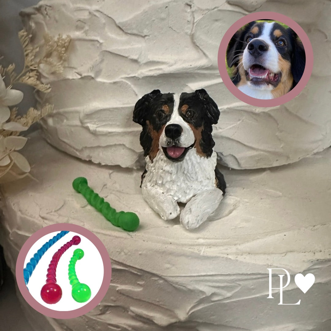 Dog figurine on a cake with inset images of a dog and dog toys.