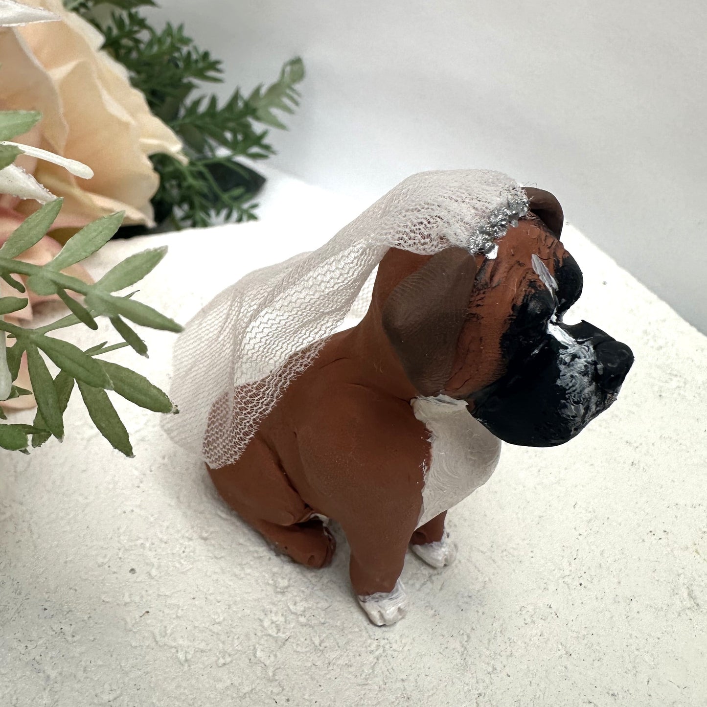 Handmade boxer dog custom wedding cake topper wearing a veil.