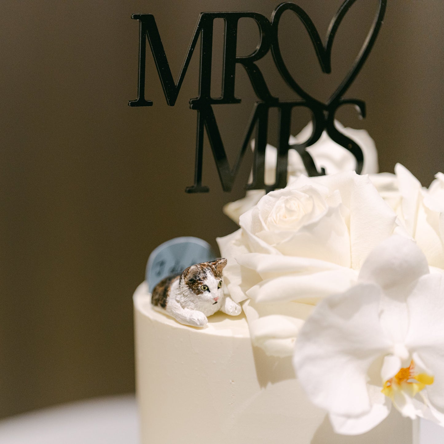 Wedding cake with 'MR & MRS' topper and cat figurine on a neutral background
