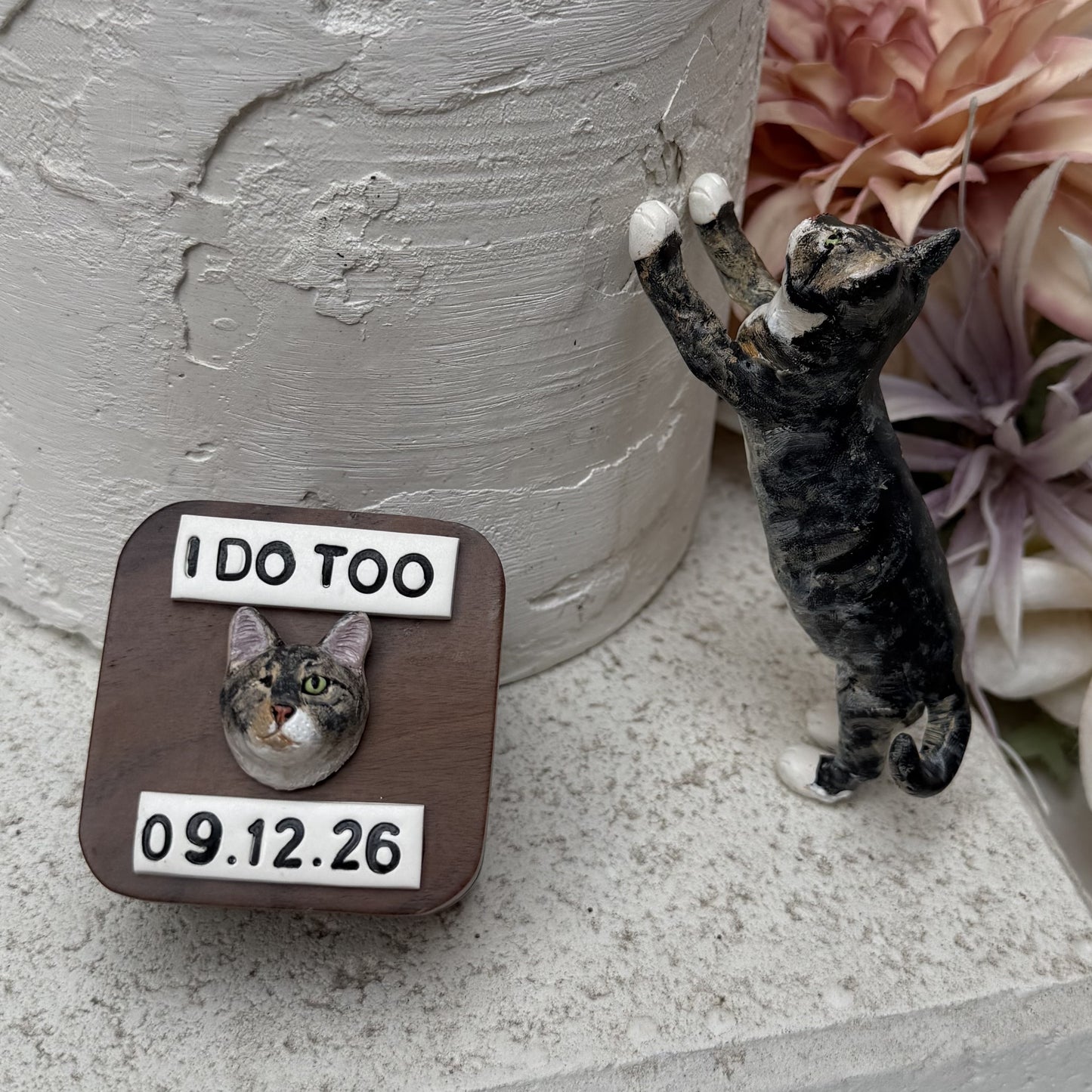 Custom cat wedding ring box beside Pawfect Love cake topper