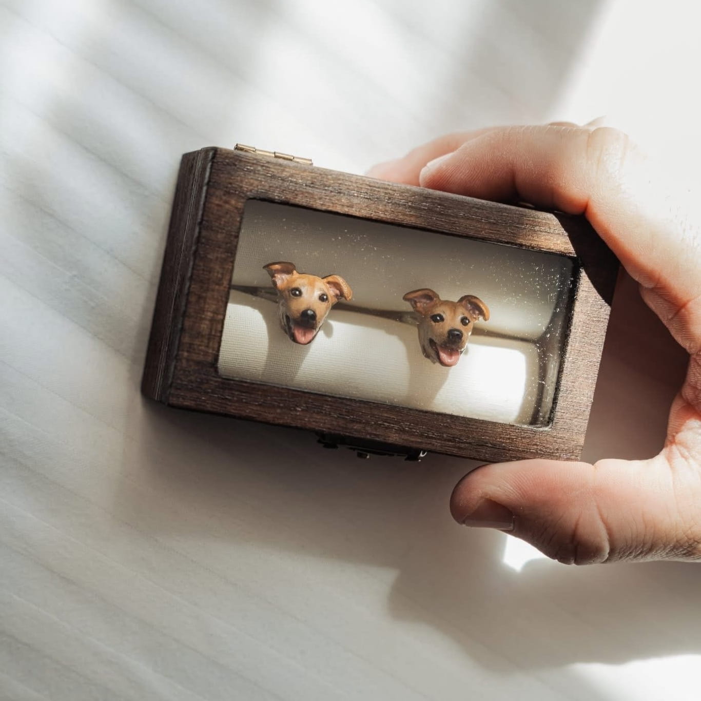 Wooden box with a glass lid featuring two dog cufflinks, held by a hand on a light background