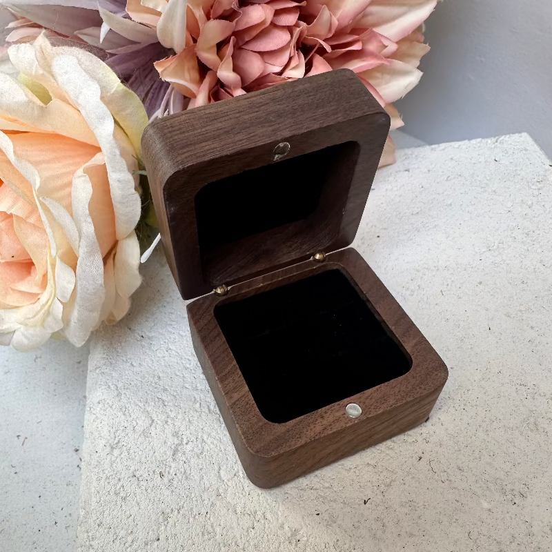 Custom double ring box with black insert, customizable with pet face and wedding date