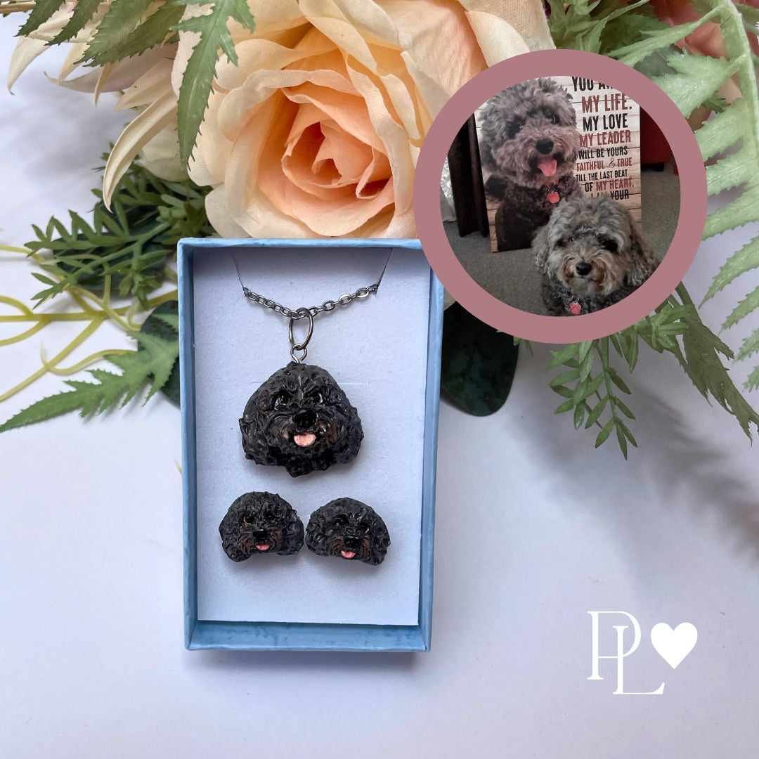 Handmade custom grey cavoodle dog necklace and earrings set, in blue gift box.