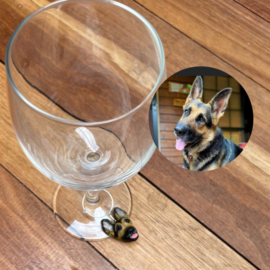 Handmade custom German Shepherd dog wine glass charm.