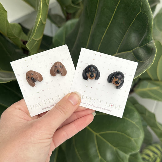 Hand holding a card with dachshund dog-shaped earrings against a green leafy background