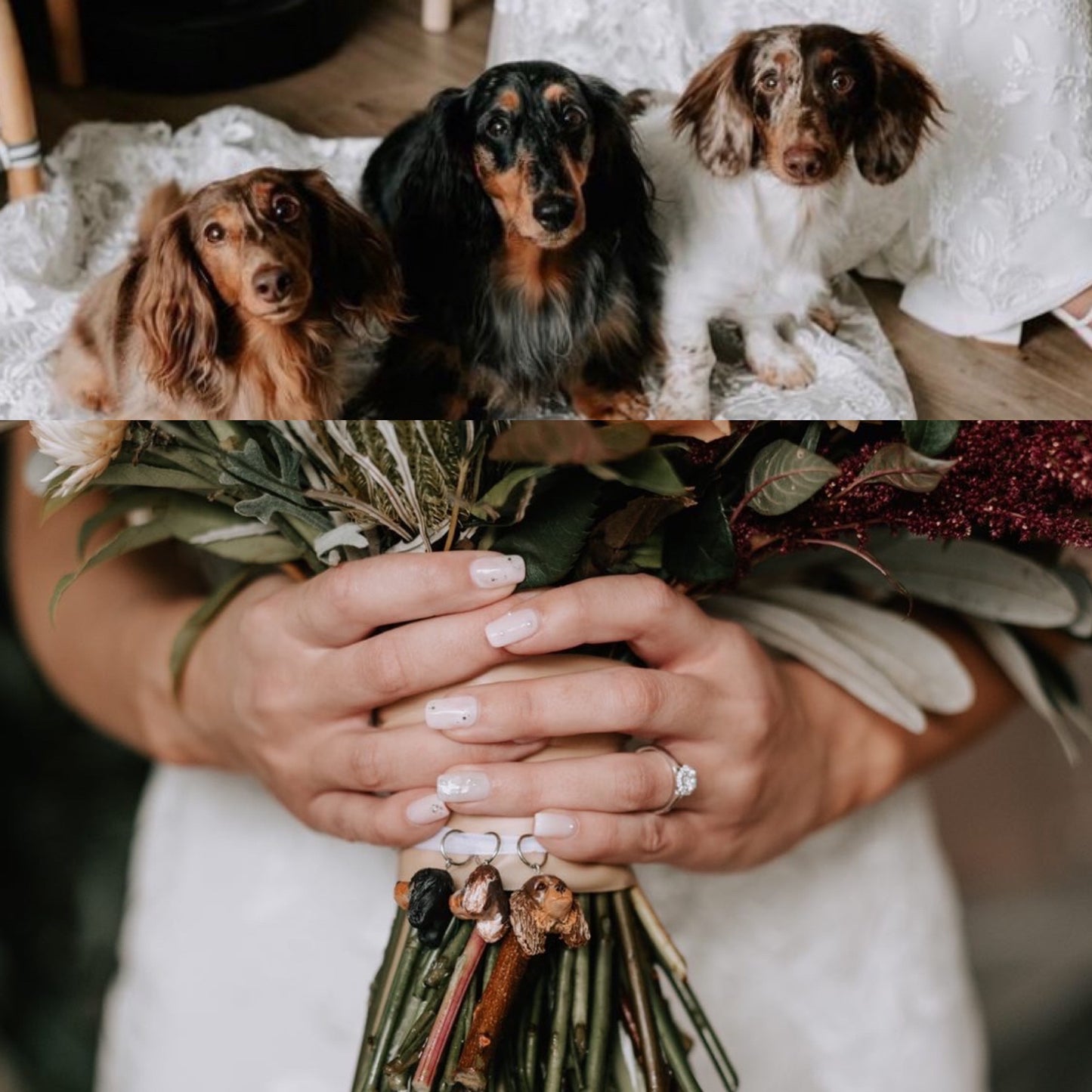 Custom pet bridal bouquet charm photo from a wedding day, featuring 3 dachshunds..