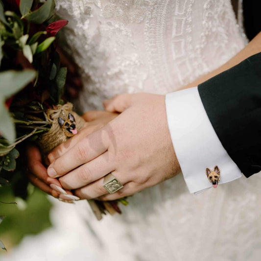 Custom pet bridal bouquet charm  and custom pet cufflinks photo from a wedding day, featuring a German Shepherd face.