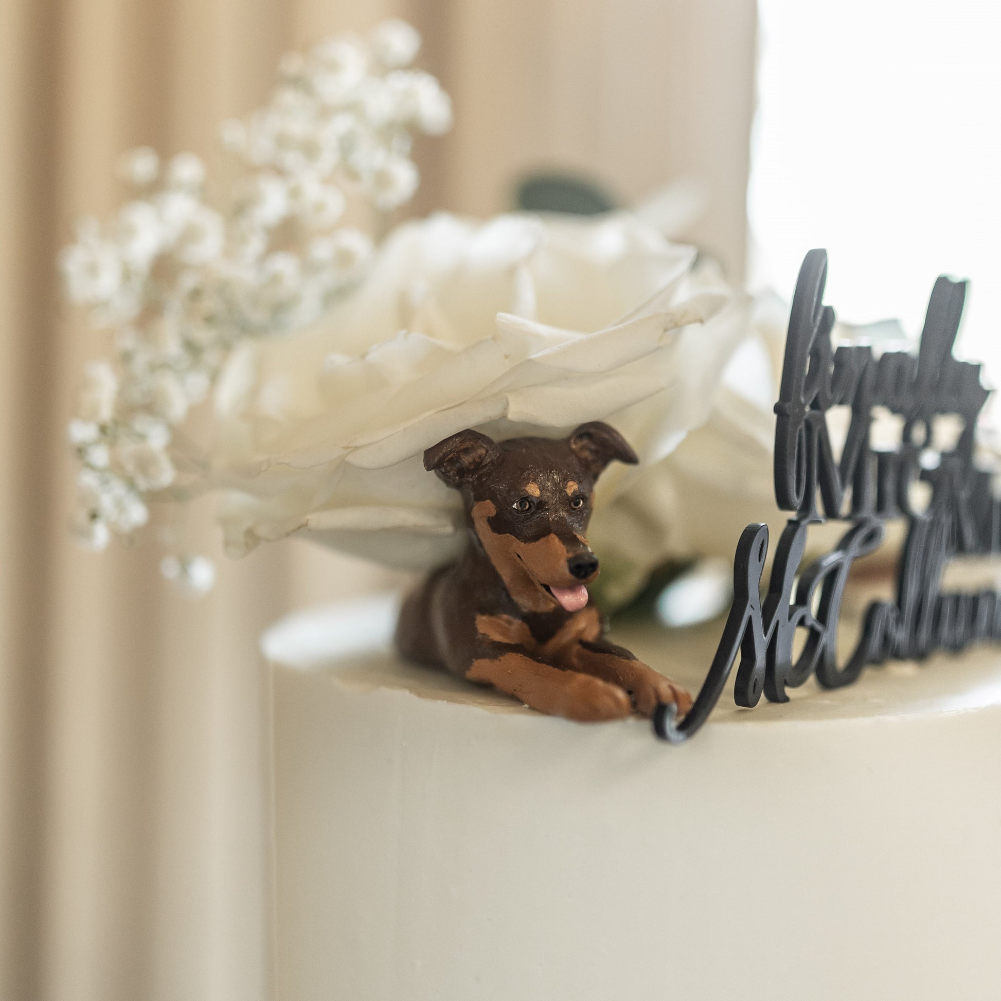 Custom brown kelpie dog peeking topper on a real wedding cake.