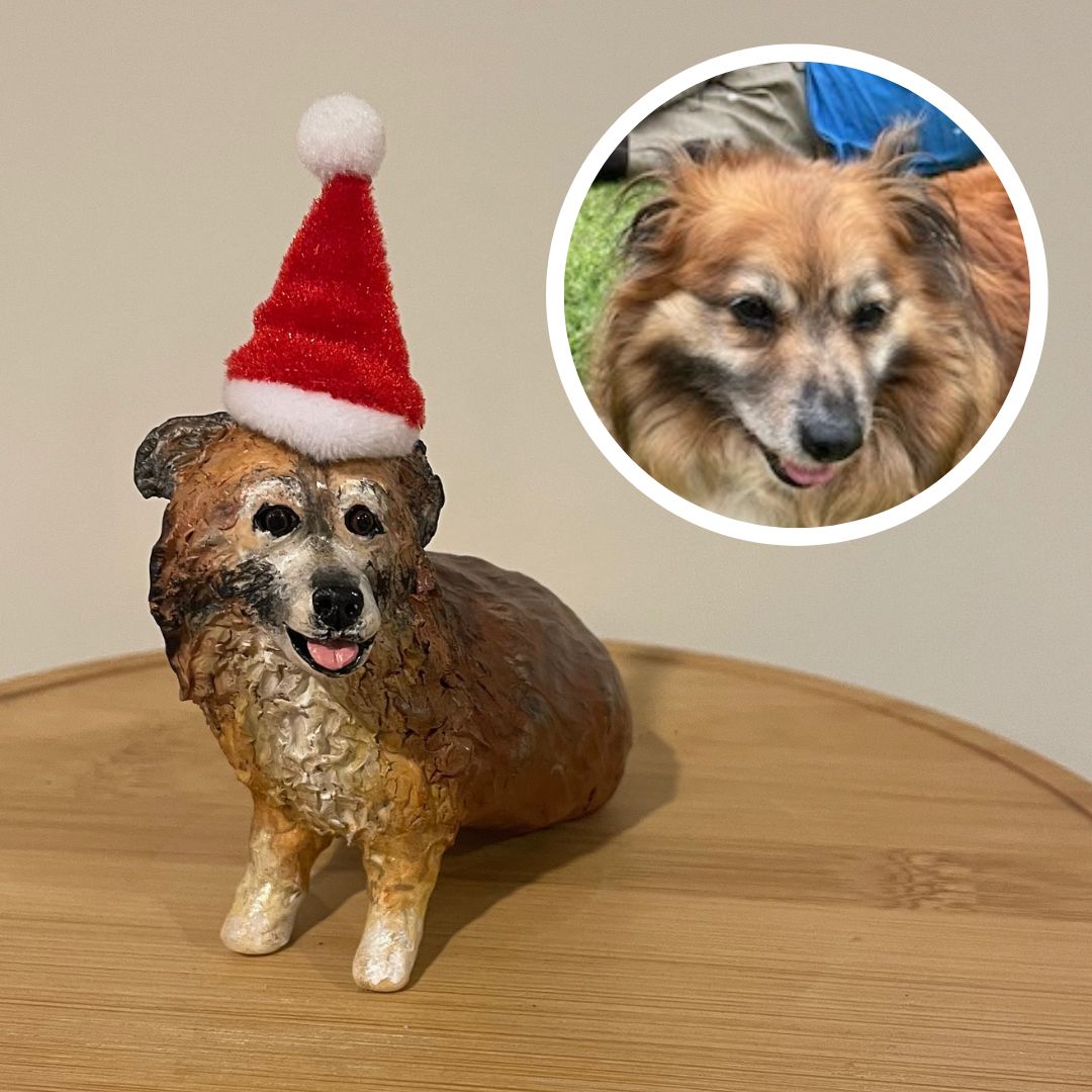 Example of Handmade custom pet dog figurine wearing santa hat