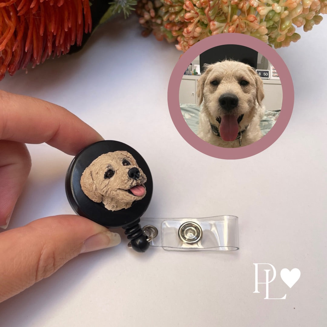 Handmade custom pet face badge reel showing a tan dog's face.